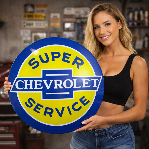 Chevrolet Classic Logo Metal Dome Wall Sign – Blue & Yellow Vintage Style Decor