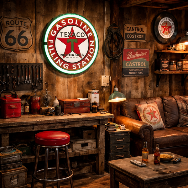 Texaco Gasoline Filling Station Bottle Cap Shaped Neon Style LED Light Rope Sign Home Bar Man Cave Garage Wall Decor