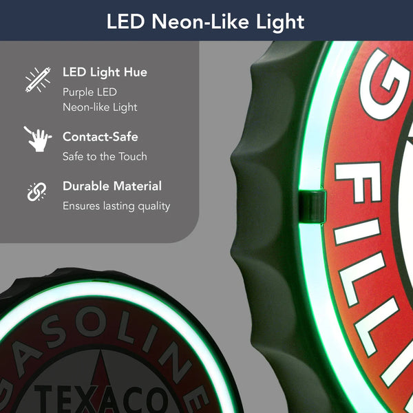 Texaco Gasoline Filling Station Bottle Cap Shaped Neon Style LED Light Rope Sign Home Bar Man Cave Garage Wall Decor