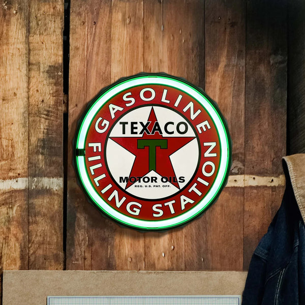 Texaco Gasoline Filling Station Bottle Cap Shaped Neon Style LED Light Rope Sign Home Bar Man Cave Garage Wall Decor