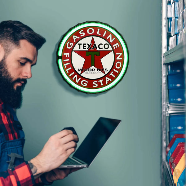 Texaco Gasoline Filling Station Bottle Cap Shaped Neon Style LED Light Rope Sign Home Bar Man Cave Garage Wall Decor