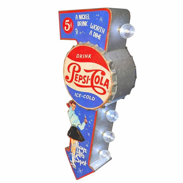 Double-Sided Pepsi-Cola Vintage Marquee LED Wall Sign – 25.5" Galvanized Metal Arrow with Bulbs