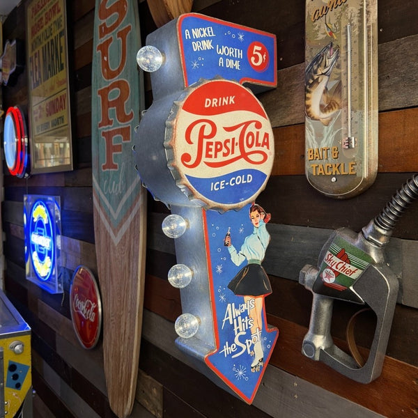 Double-Sided Pepsi-Cola Vintage Marquee LED Wall Sign – 25.5" Galvanized Metal Arrow with Bulbs