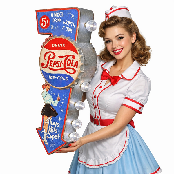 Double-Sided Pepsi-Cola Vintage Marquee LED Wall Sign – 25.5" Galvanized Metal Arrow with Bulbs