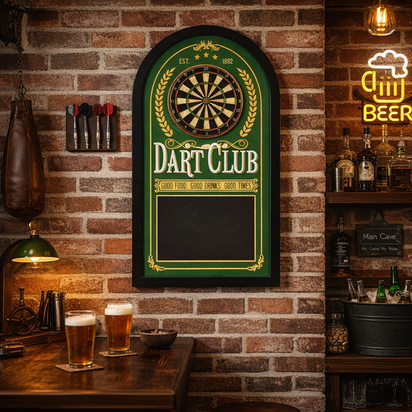 Dart Club Chalkboard Wall Decor – Vintage Style Pub Bar Sign – 26” x 14” - Darts Game Room, Home Bar, and Man Cave Wall Decor