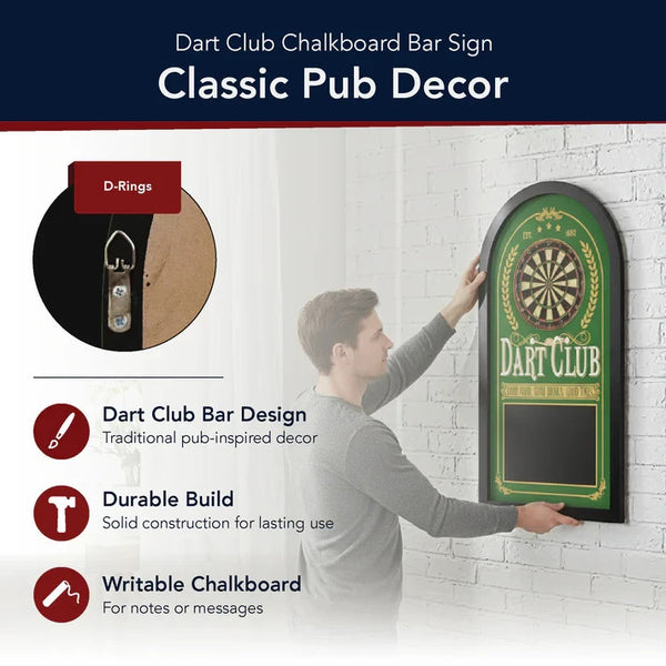 Dart Club Chalkboard Wall Decor – Vintage Style Pub Bar Sign – 26” x 14” - Darts Game Room, Home Bar, and Man Cave Wall Decor