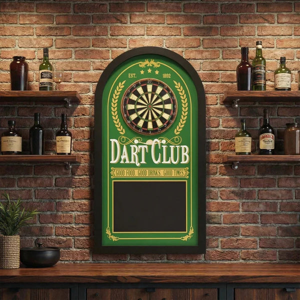 Dart Club Chalkboard Wall Decor – Vintage Style Pub Bar Sign – 26” x 14” - Darts Game Room, Home Bar, and Man Cave Wall Decor