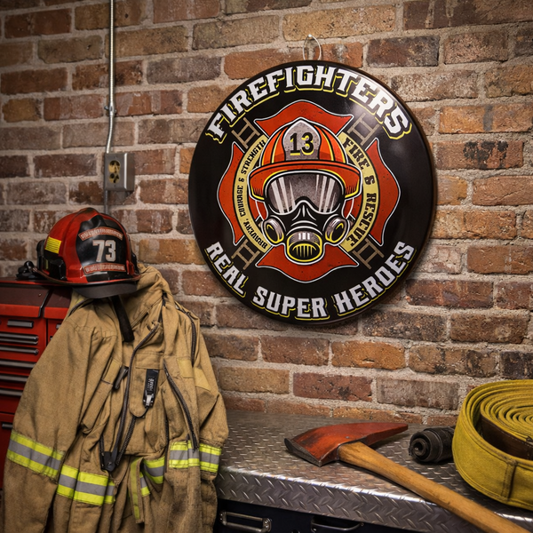 Firefighters Real Super Heroes 15.5" Metal Dome Wall Sign Round Decor