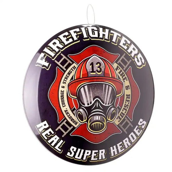 Firefighters Real Super Heroes 15.5" Metal Dome Wall Sign Round Decor