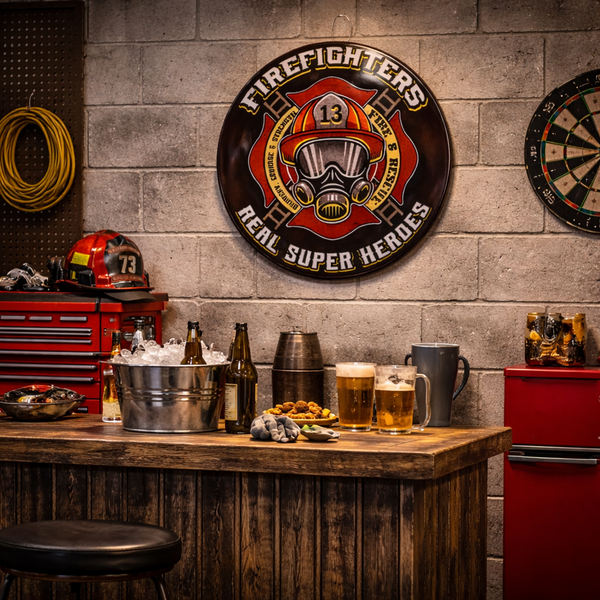 Firefighters Real Super Heroes 15.5" Metal Dome Wall Sign Round Decor