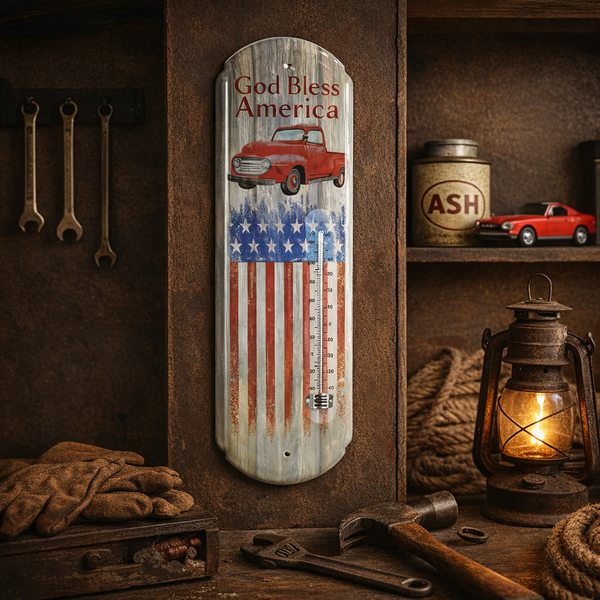 God Bless America Vintage Metal Wall Thermometer – Patriotic Americana Home Decor