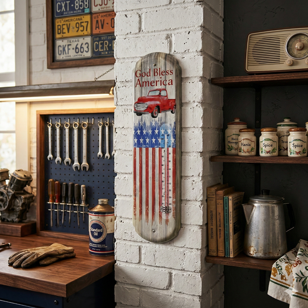 God Bless America Vintage Metal Wall Thermometer – Patriotic Americana Home Decor