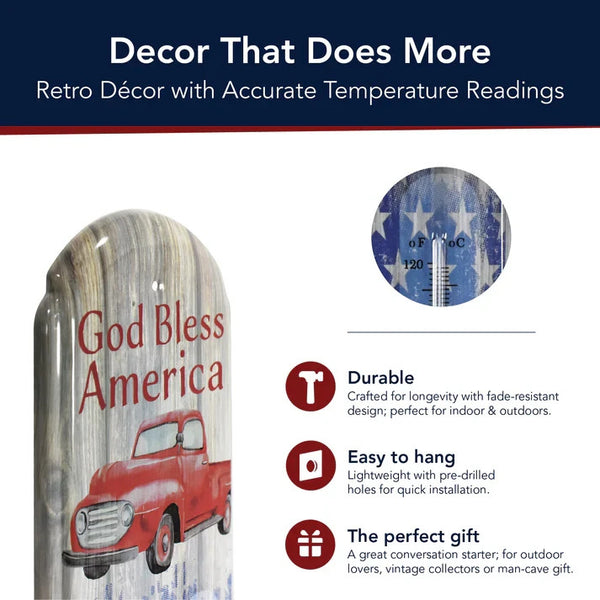God Bless America Vintage Metal Wall Thermometer – Patriotic Americana Home Decor