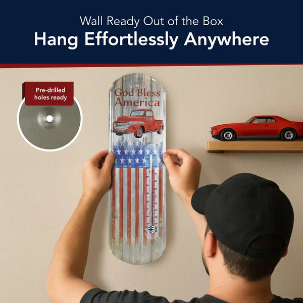 God Bless America Vintage Metal Wall Thermometer – Patriotic Americana Home Decor