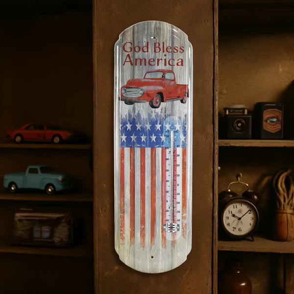 God Bless America Vintage Metal Wall Thermometer – Patriotic Americana Home Decor