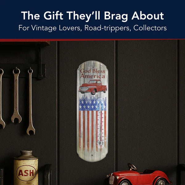 God Bless America Vintage Metal Wall Thermometer – Patriotic Americana Home Decor