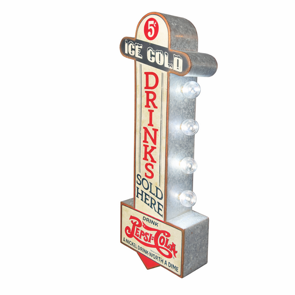 Pepsi Cola Double-Sided Marquee LED Sign – Officially Licensed 25" Retro Vintage Galvanized Metal Wall Decor, Battery Operated