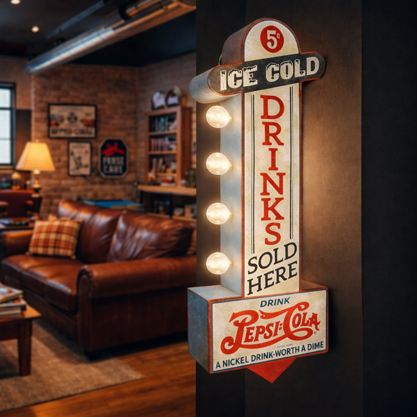 Pepsi Cola Double-Sided Marquee LED Sign – Officially Licensed 25" Retro Vintage Galvanized Metal Wall Decor, Battery Operated