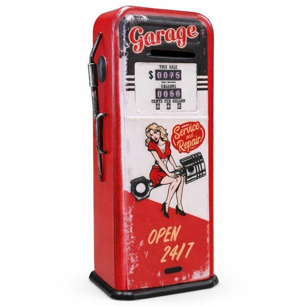Garage Metal Coin Bank Service and Repair Open 24/7 Pin-Up Vintage Style Gas Pump