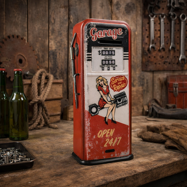 Garage Metal Coin Bank Service and Repair Open 24/7 Pin-Up Vintage Style Gas Pump