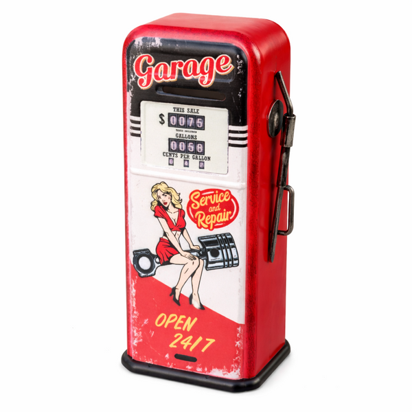 Garage Metal Coin Bank Service and Repair Open 24/7 Pin-Up Vintage Style Gas Pump