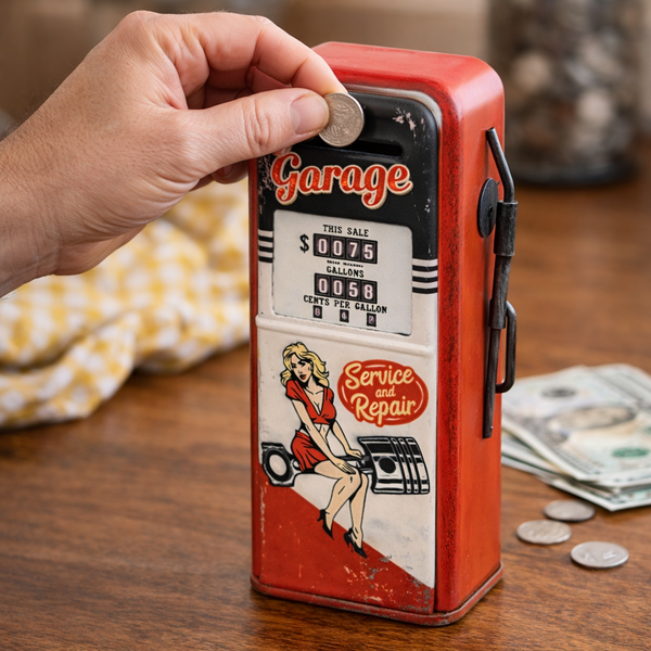 Garage Metal Coin Bank Service and Repair Open 24/7 Pin-Up Vintage Style Gas Pump