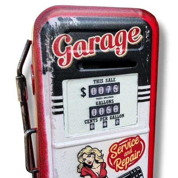Garage Metal Coin Bank Service and Repair Open 24/7 Pin-Up Vintage Style Gas Pump