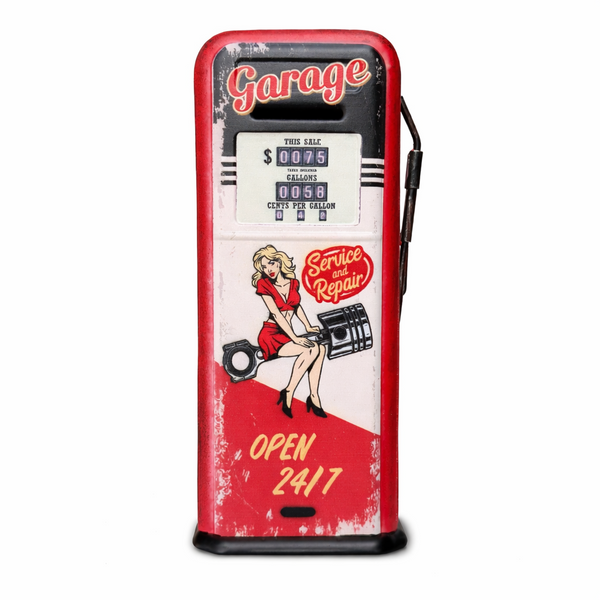 Garage Metal Coin Bank Service and Repair Open 24/7 Pin-Up Vintage Style Gas Pump