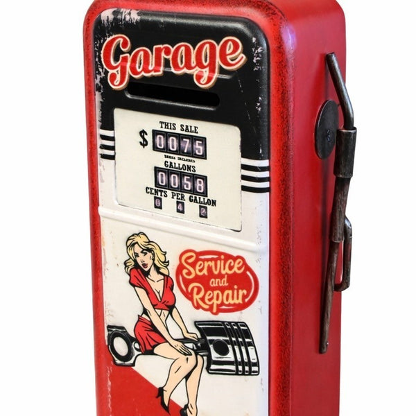 Garage Metal Coin Bank Service and Repair Open 24/7 Pin-Up Vintage Style Gas Pump