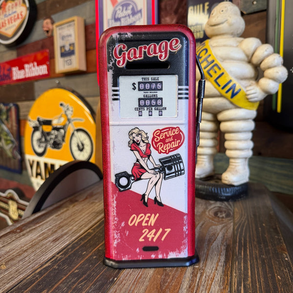 Garage Metal Coin Bank Service and Repair Open 24/7 Pin-Up Vintage Style Gas Pump
