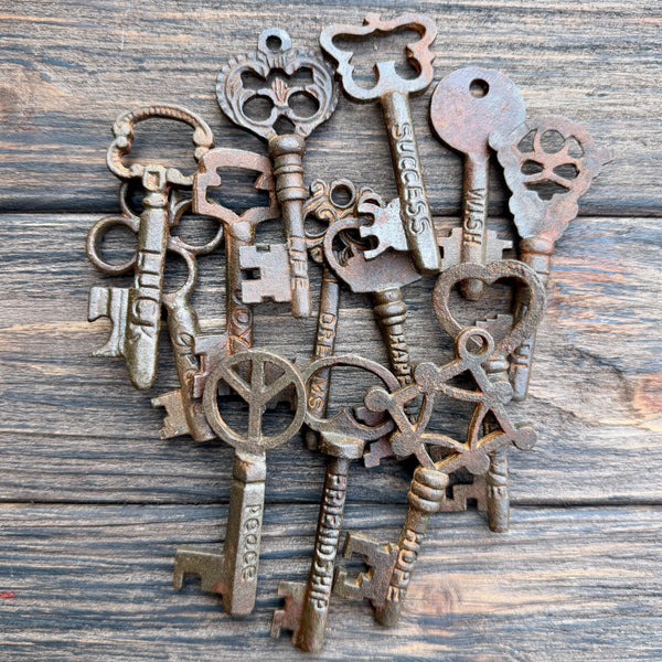 Vintage Style Skeleton Keys Set of 6 Iron Antique Style With Words Stamped On Each: Happiness, Life, Luck, Love, Joy, Friendship, Hope, Dreams, Grace, Peace, Soul, Success, Wish