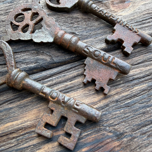 Vintage Style Skeleton Keys Set of 6 Iron Antique Style With Words Stamped On Each: Happiness, Life, Luck, Love, Joy, Friendship, Hope, Dreams, Grace, Peace, Soul, Success, Wish