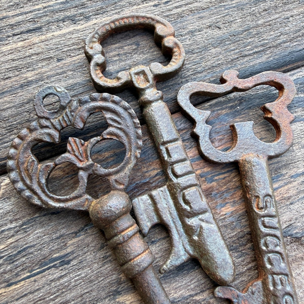 Vintage Style Skeleton Keys Set of 6 Iron Antique Style With Words Stamped On Each: Happiness, Life, Luck, Love, Joy, Friendship, Hope, Dreams, Grace, Peace, Soul, Success, Wish
