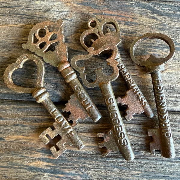 Vintage Style Skeleton Keys Set of 6 Iron Antique Style With Words Stamped On Each: Happiness, Life, Luck, Love, Joy, Friendship, Hope, Dreams, Grace, Peace, Soul, Success, Wish