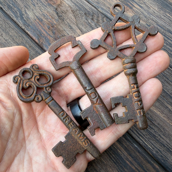 Vintage Style Skeleton Keys Set of 6 Iron Antique Style With Words Stamped On Each: Happiness, Life, Luck, Love, Joy, Friendship, Hope, Dreams, Grace, Peace, Soul, Success, Wish