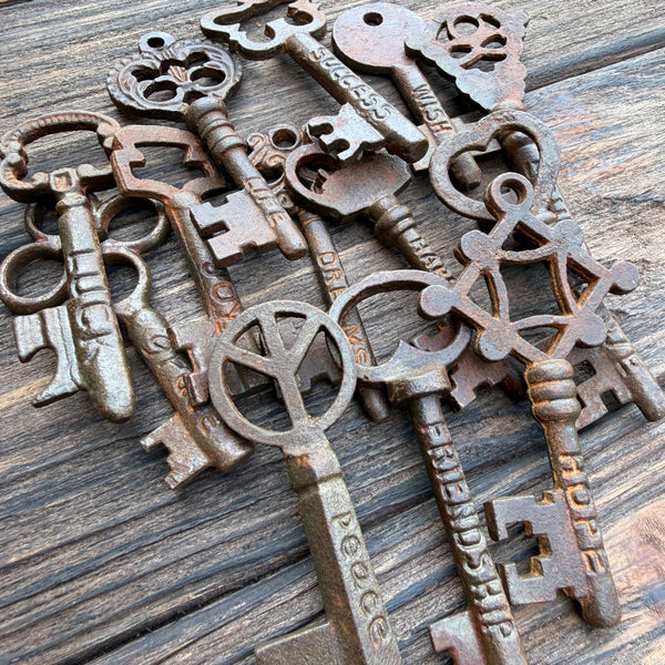 Vintage Style Skeleton Keys Set of 6 Iron Antique Style With Words Stamped On Each: Happiness, Life, Luck, Love, Joy, Friendship, Hope, Dreams, Grace, Peace, Soul, Success, Wish