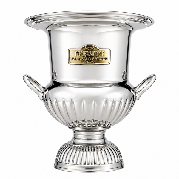 Tombstone Bordello Saloon Ice Bucket – Vintage-Inspired Chrome Ice Bucket with Brass Tag, 10"