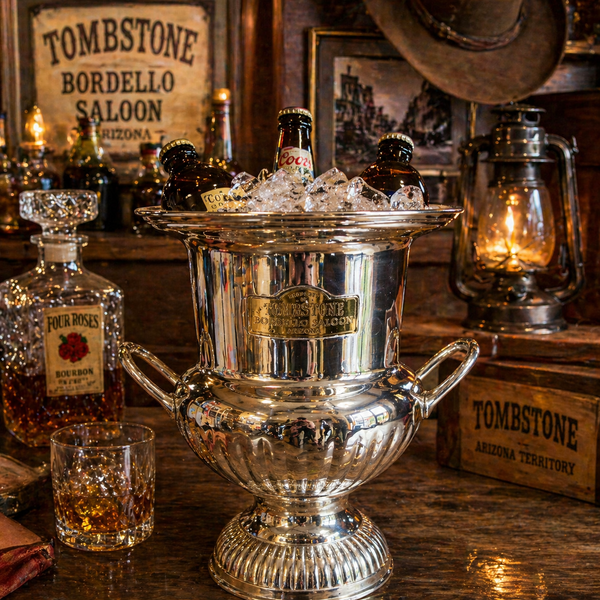 Tombstone Bordello Saloon Ice Bucket – Vintage-Inspired Chrome Ice Bucket with Brass Tag, 10"