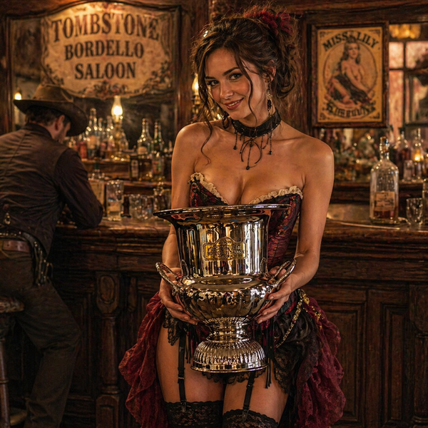 Tombstone Bordello Saloon Ice Bucket – Vintage-Inspired Chrome Ice Bucket with Brass Tag, 10"