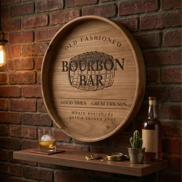 Bourbon Barrel Wall Decor Sign 18" Rustic Wood Home Bar Man Cave Plaque