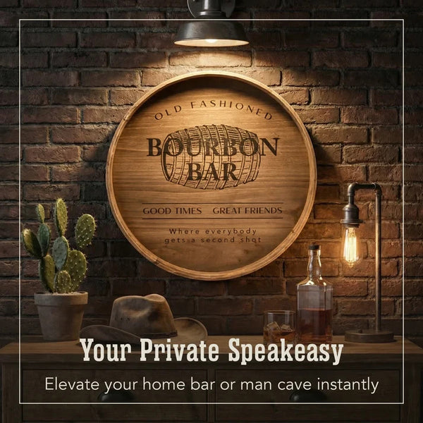 Bourbon Barrel Wall Decor Sign 18" Rustic Wood Home Bar Man Cave Plaque