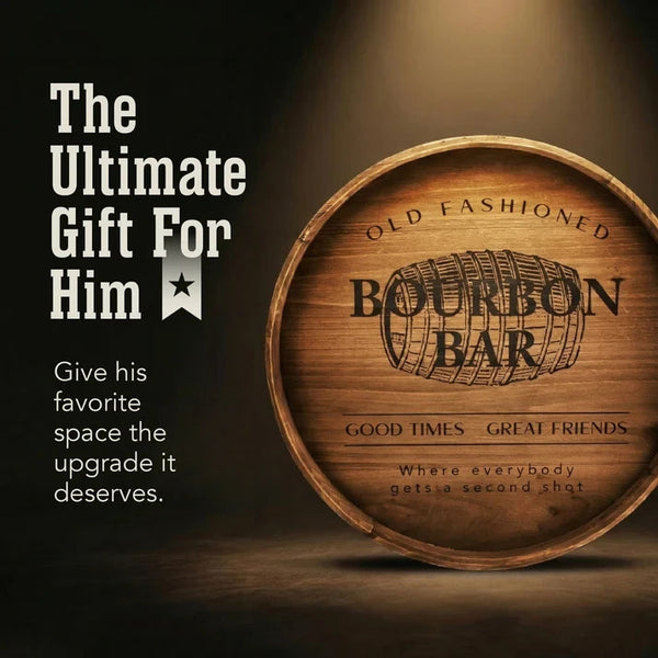 Bourbon Barrel Wall Decor Sign 18" Rustic Wood Home Bar Man Cave Plaque