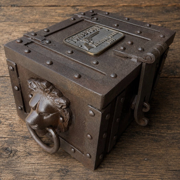 Tombstone Cast Iron Strong Box With Lion’s Head Handles – Hand-Antiqued Old West Decorative Lock Box