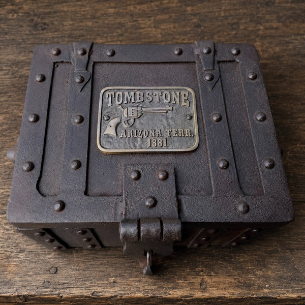 Tombstone Cast Iron Strong Box With Lion’s Head Handles – Hand-Antiqued Old West Decorative Lock Box