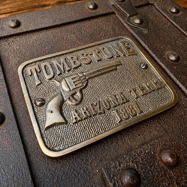 Tombstone Cast Iron Strong Box With Lion’s Head Handles – Hand-Antiqued Old West Decorative Lock Box