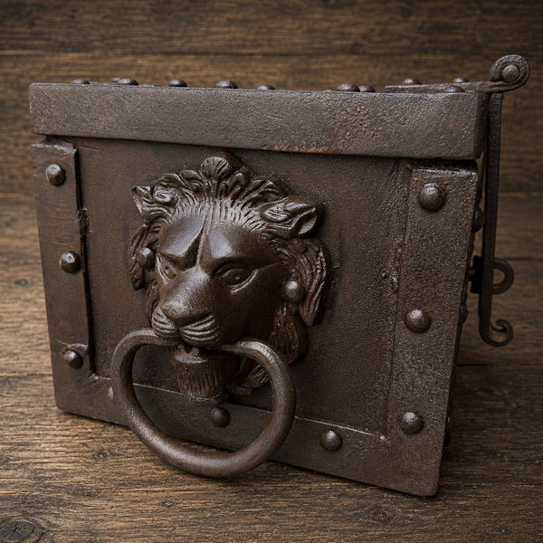 Tombstone Cast Iron Strong Box With Lion’s Head Handles – Hand-Antiqued Old West Decorative Lock Box