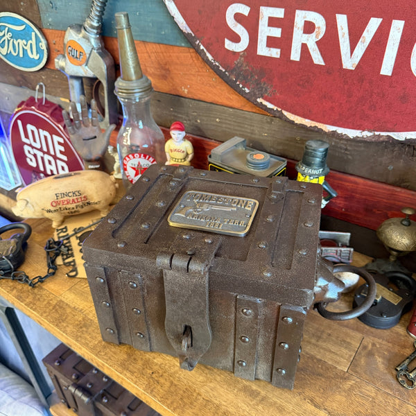 Tombstone Cast Iron Strong Box With Lion’s Head Handles – Hand-Antiqued Old West Decorative Lock Box