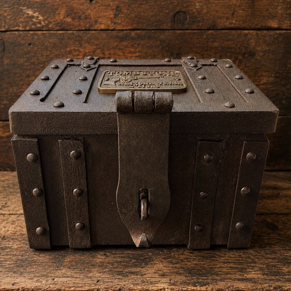 Tombstone Cast Iron Strong Box With Lion’s Head Handles – Hand-Antiqued Old West Decorative Lock Box