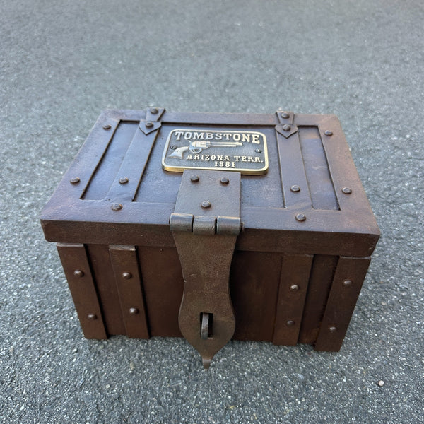 Tombstone Cast Iron Strong Box With Lion’s Head Handles – Hand-Antiqued Old West Decorative Lock Box