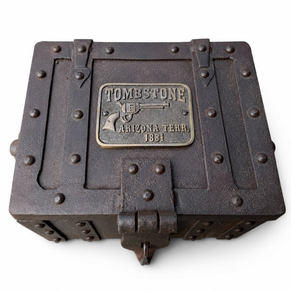 Tombstone Cast Iron Strong Box With Lion’s Head Handles – Hand-Antiqued Old West Decorative Lock Box